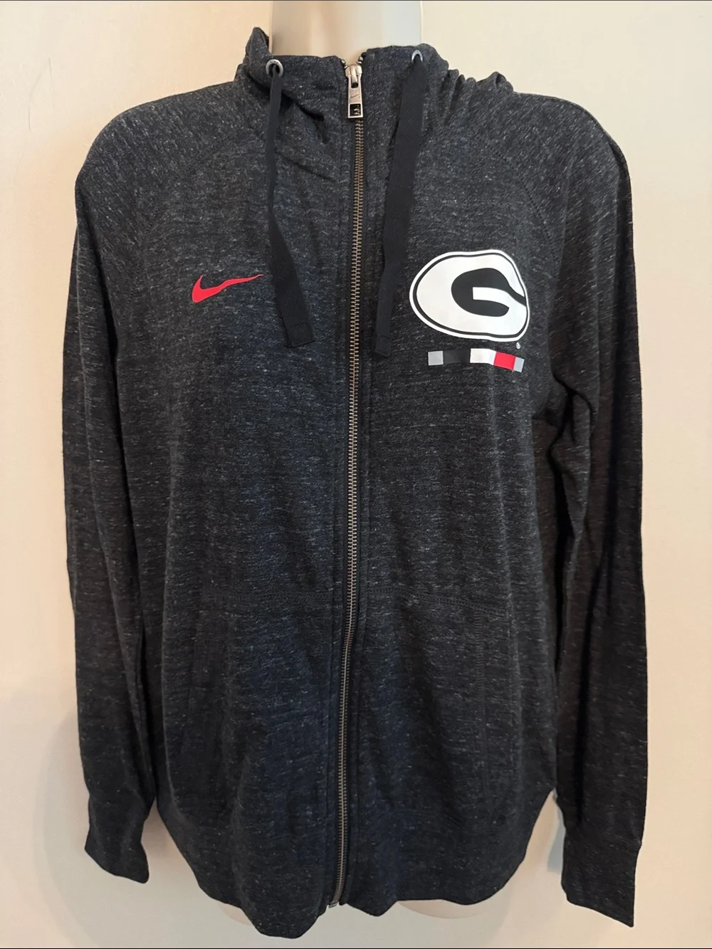 Nike UGA Black Heather Full-Zip Hoodie with Red Swoosh and White Logo
